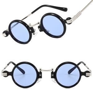 Ribbed Side Accents Bold Retro Blue Lens Unisex Black & Silver Round Sunglasses